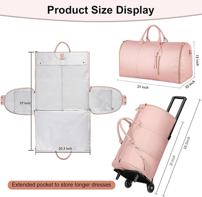 Garment Duffle Bags for Travel, Convertible Carry On Garment Bag for Women, Large PU Leather Foldable Travel Bag with Shoe Pouch, 2 in 1 Hanging Suitcase Dress Suit Travel Bags, Pink