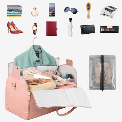 Garment Duffle Bags for Travel, Convertible Carry On Garment Bag for Women, Large PU Leather Foldable Travel Bag with Shoe Pouch, 2 in 1 Hanging Suitcase Dress Suit Travel Bags, Pink
