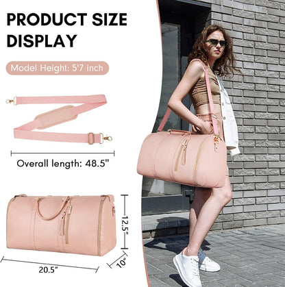 Garment Duffle Bags for Travel, Convertible Carry On Garment Bag for Women, Large PU Leather Foldable Travel Bag with Shoe Pouch, 2 in 1 Hanging Suitcase Dress Suit Travel Bags, Pink