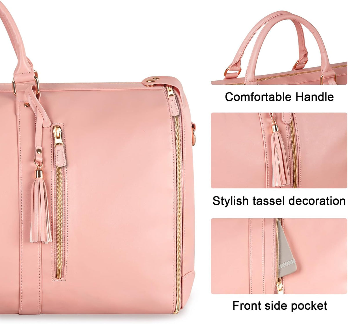 Garment Duffle Bags for Travel, Convertible Carry On Garment Bag for Women, Large PU Leather Foldable Travel Bag with Shoe Pouch, 2 in 1 Hanging Suitcase Dress Suit Travel Bags, Pink