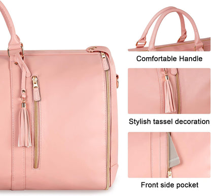 Garment Duffle Bags for Travel, Convertible Carry On Garment Bag for Women, Large PU Leather Foldable Travel Bag with Shoe Pouch, 2 in 1 Hanging Suitcase Dress Suit Travel Bags, Pink
