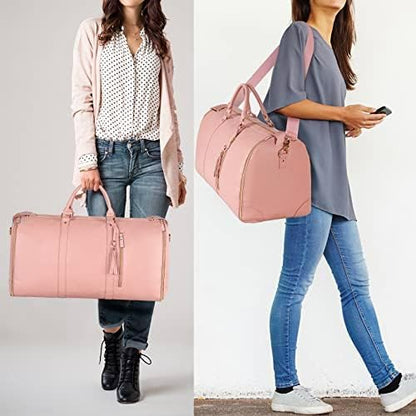 Garment Duffle Bags for Travel, Convertible Carry On Garment Bag for Women, Large PU Leather Foldable Travel Bag with Shoe Pouch, 2 in 1 Hanging Suitcase Dress Suit Travel Bags, Pink
