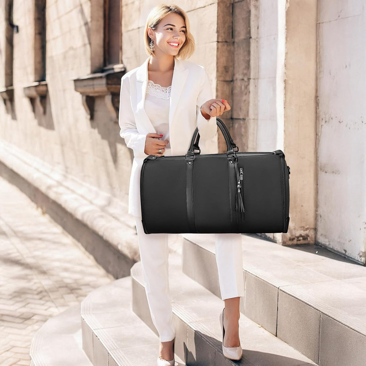 Garment Duffle Bags for Travel, Convertible Carry On Garment Bag for Women, Large PU Leather Foldable Travel Bag with Shoe Pouch, 2 in 1 Hanging Suitcase Dress Suit Travel Bags, Pink