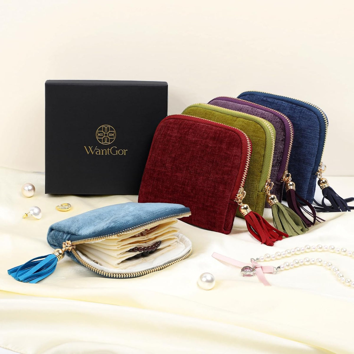 Travel Jewelry Organizer Case for Women, Jewelry Box 6-Layer Pouch Bags Small Velvet Jewelry Storage Bag Necklace Holder, Ring Box, Earrings Organizer, Travel Essentials (Royal Blue)