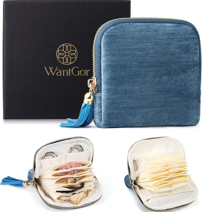 Travel Jewelry Organizer Case for Women, Jewelry Box 6-Layer Pouch Bags Small Velvet Jewelry Storage Bag Necklace Holder, Ring Box, Earrings Organizer, Travel Essentials (Royal Blue)