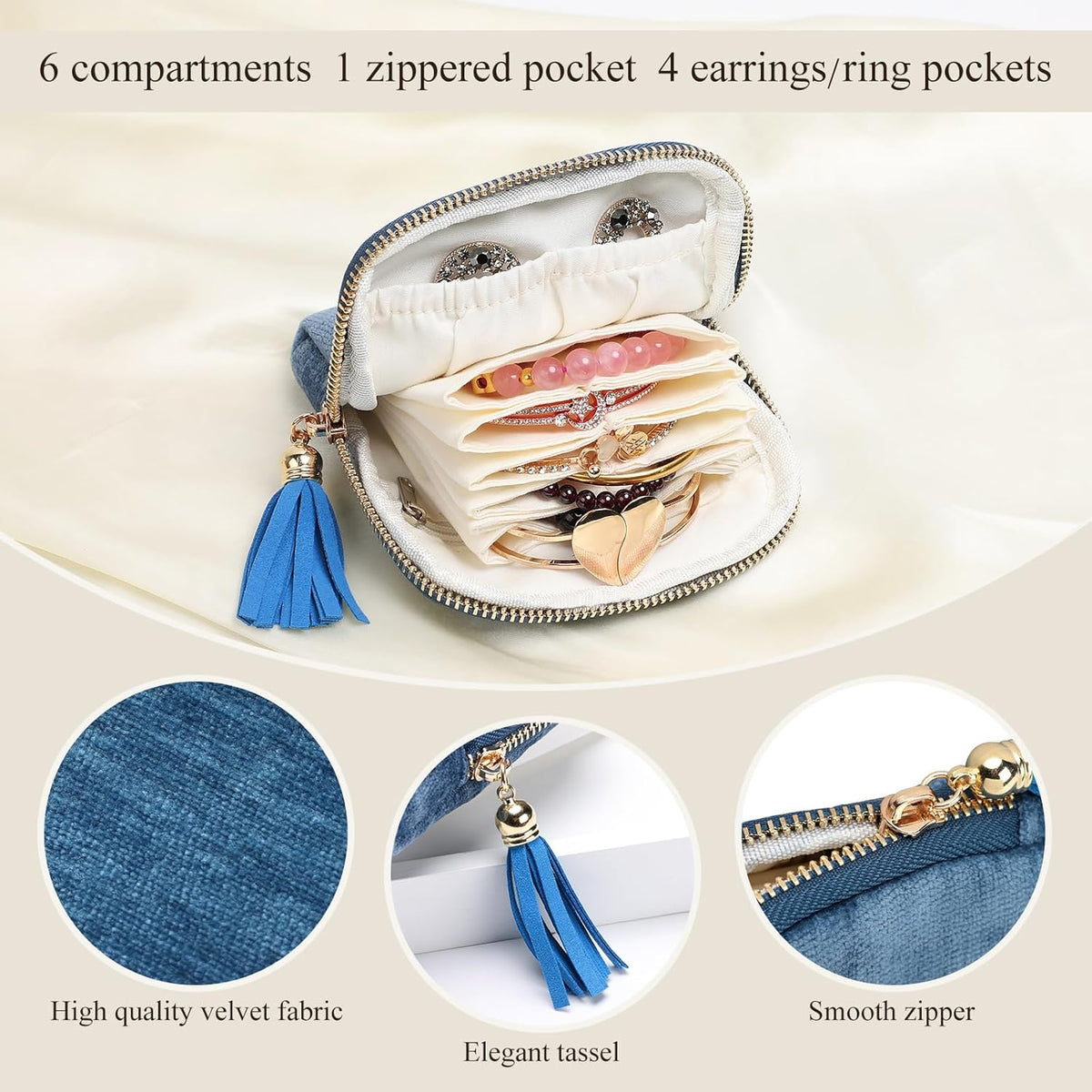 Travel Jewelry Organizer Case for Women, Jewelry Box 6-Layer Pouch Bags Small Velvet Jewelry Storage Bag Necklace Holder, Ring Box, Earrings Organizer, Travel Essentials (Royal Blue)