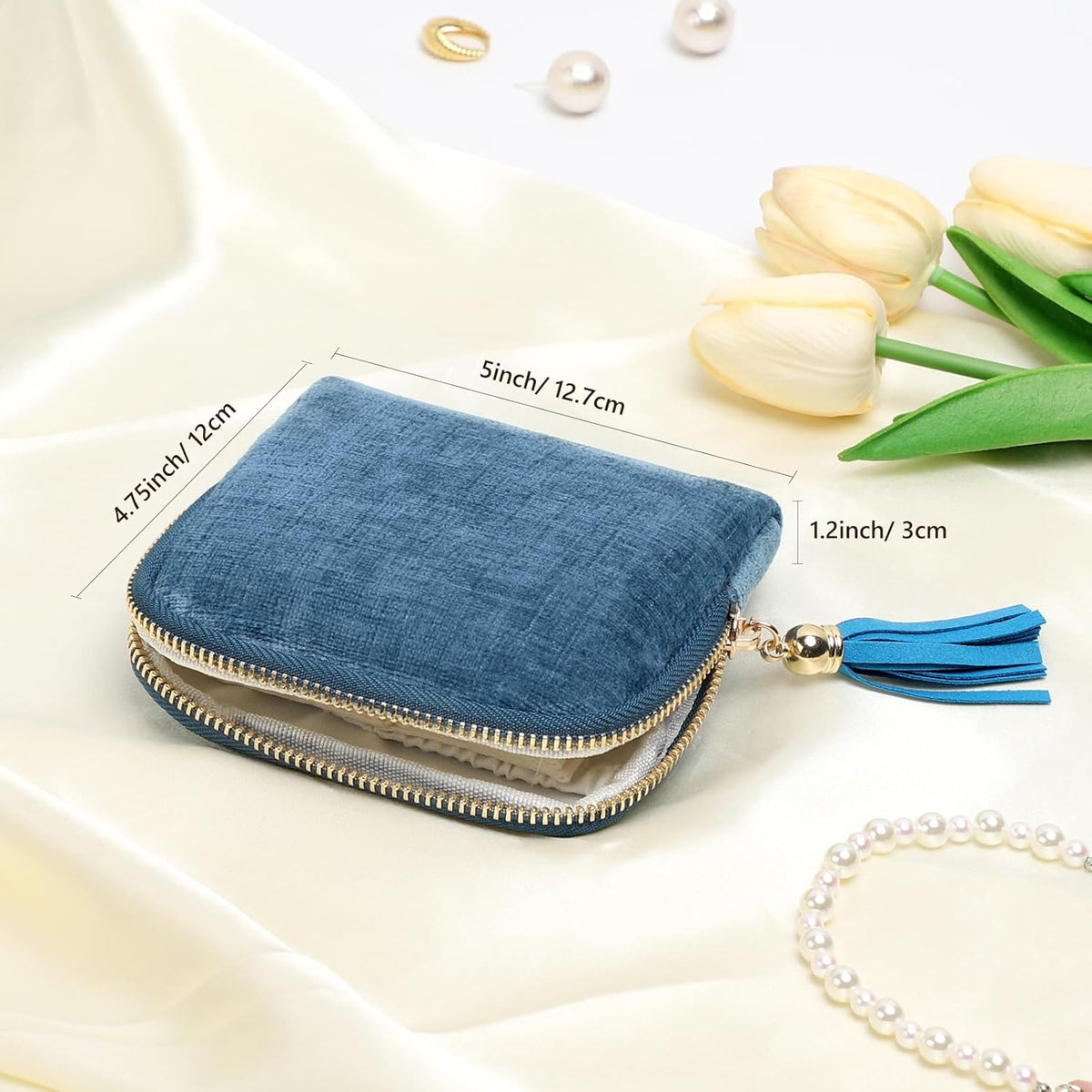 Travel Jewelry Organizer Case for Women, Jewelry Box 6-Layer Pouch Bags Small Velvet Jewelry Storage Bag Necklace Holder, Ring Box, Earrings Organizer, Travel Essentials (Royal Blue)