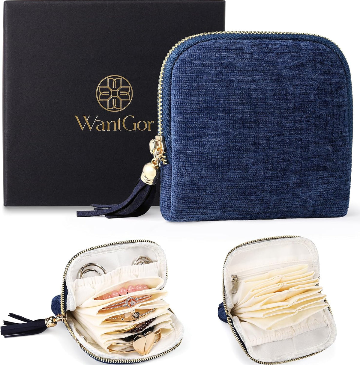 Travel Jewelry Organizer Case for Women, Jewelry Box 6-Layer Pouch Bags Small Velvet Jewelry Storage Bag Necklace Holder, Ring Box, Earrings Organizer, Travel Essentials (Royal Blue)