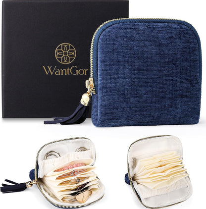 Travel Jewelry Organizer Case for Women, Jewelry Box 6-Layer Pouch Bags Small Velvet Jewelry Storage Bag Necklace Holder, Ring Box, Earrings Organizer, Travel Essentials (Royal Blue)