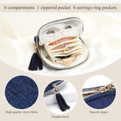 Travel Jewelry Organizer Case for Women, Jewelry Box 6-Layer Pouch Bags Small Velvet Jewelry Storage Bag Necklace Holder, Ring Box, Earrings Organizer, Travel Essentials (Royal Blue)