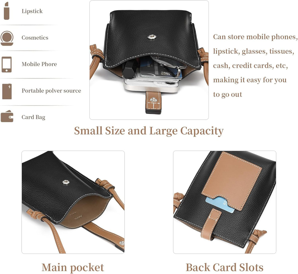 Leather Small Crossbody Bags for Women Phone Purse Minimalism Cell Phone Bag with Card Slot