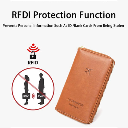 Rowgins Multi-Functional RFID Passports Wallet, Travel Wallet for Men & Women, Passports Holder for Travel RFID Blocking, Slim Leather Cover for Credit Cards Tickets Cash (Brown)