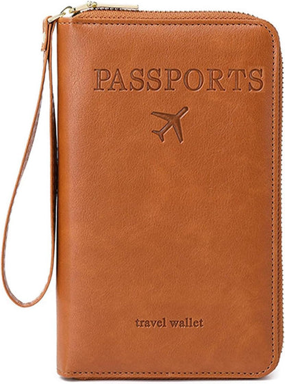 Rowgins Multi-Functional RFID Passports Wallet, Travel Wallet for Men & Women, Passports Holder for Travel RFID Blocking, Slim Leather Cover for Credit Cards Tickets Cash (Brown)
