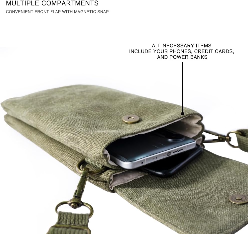 For Galaxy S25 Ultra,S24 Plus,A56/A14 Universal Small Canvas Crossbody Bag Pack Cell Phone Purse Wallet 4.7-7.2 inch Phones Adjustable Shoulder Strap for iPhone Air 17 16 Pro Max,Huawei/Sony (Green)
