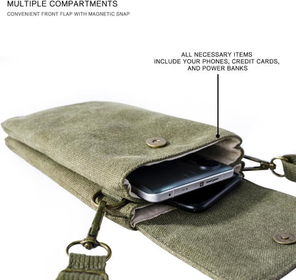For Galaxy S25 Ultra,S24 Plus,A56/A14 Universal Small Canvas Crossbody Bag Pack Cell Phone Purse Wallet 4.7-7.2 inch Phones Adjustable Shoulder Strap for iPhone Air 17 16 Pro Max,Huawei/Sony (Green)