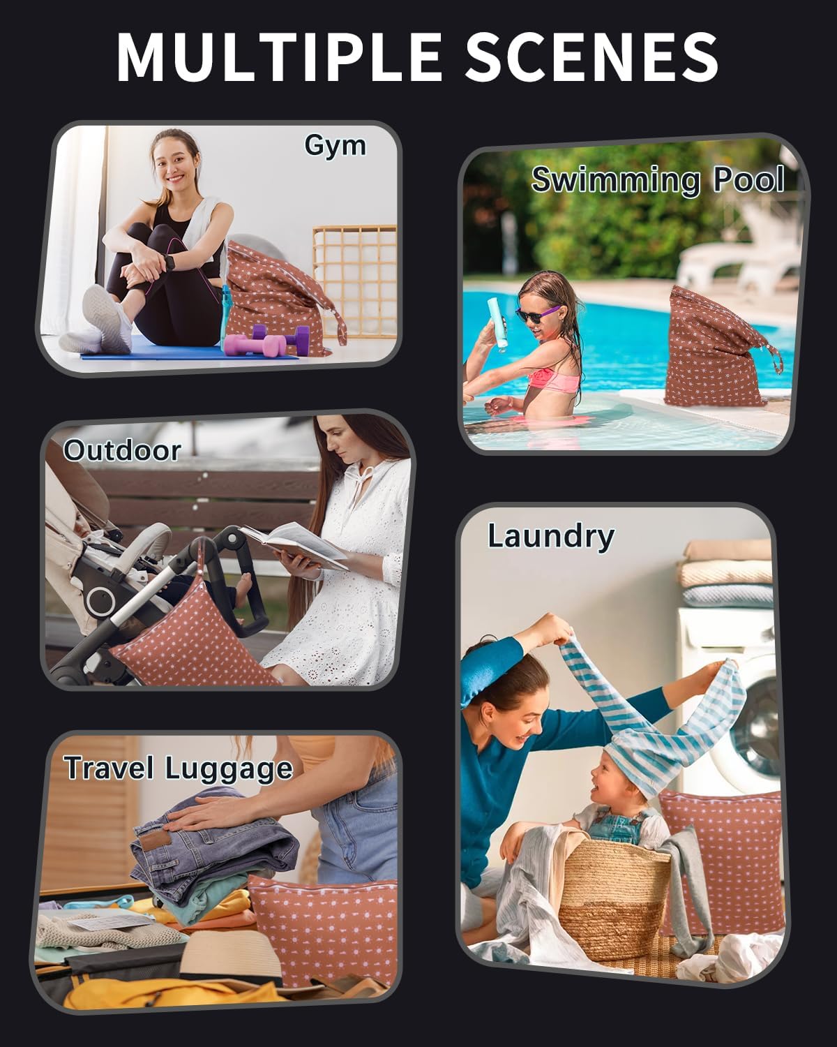 Travel Laundry Bags 2 Pack, Ideal for Travel, Gym and Swimming-Washable Waterproof Wet Dry Bags for Dirty Clothes, Bathing Suits and Swimsuits(black and grey)