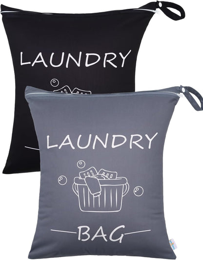 Travel Laundry Bags 2 Pack, Ideal for Travel, Gym and Swimming-Washable Waterproof Wet Dry Bags for Dirty Clothes, Bathing Suits and Swimsuits(black and grey)