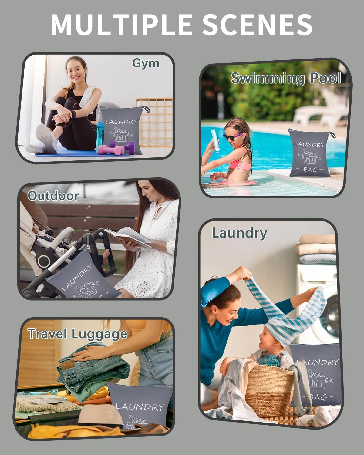 Travel Laundry Bags 2 Pack, Ideal for Travel, Gym and Swimming-Washable Waterproof Wet Dry Bags for Dirty Clothes, Bathing Suits and Swimsuits(black and grey)
