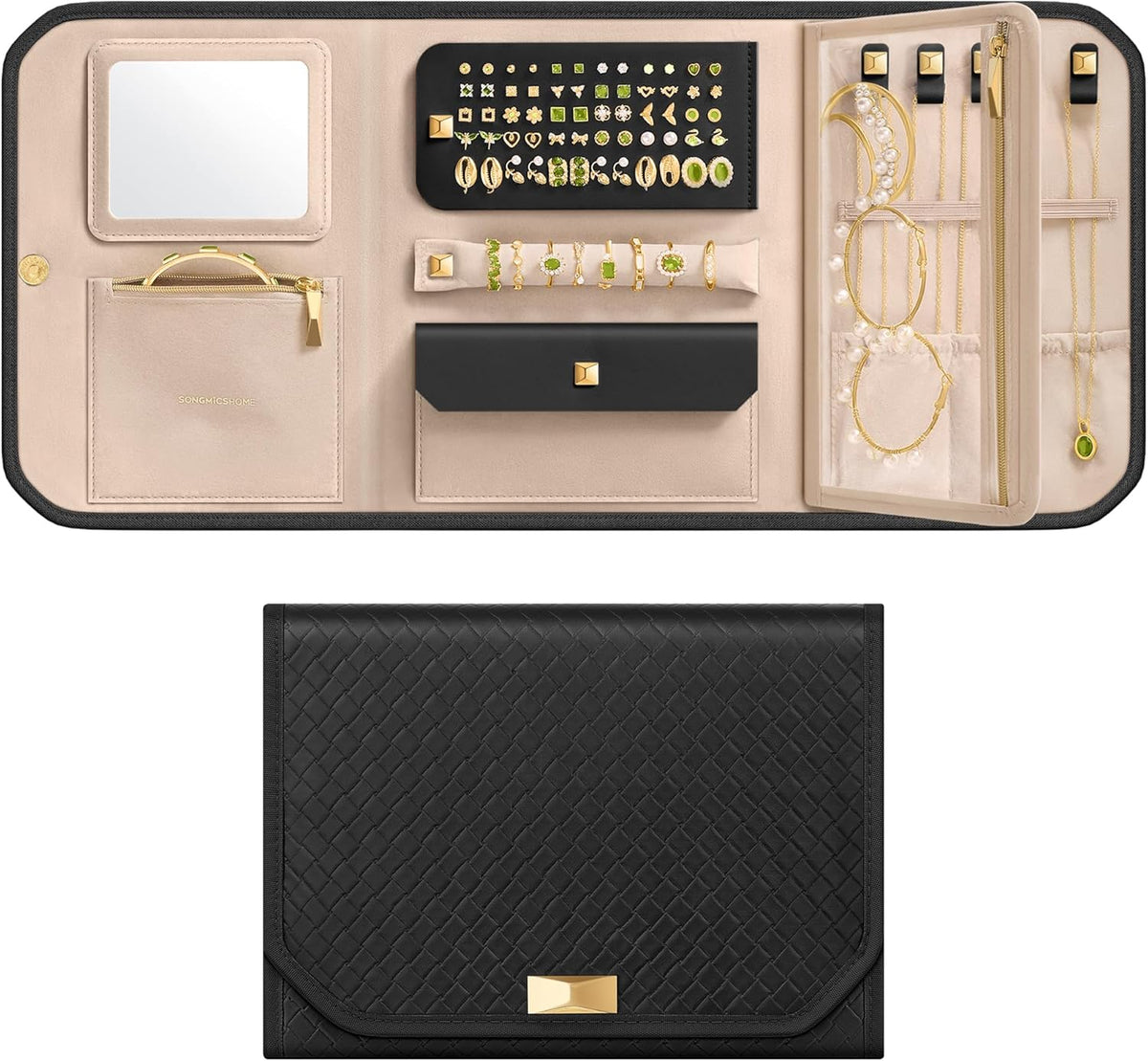 Travel Jewelry Case, Jewelry Organizer Box with Mirror, Jewelry Pouch, Woven Embossed PU Leather, Portable Jewelry Storage, Gift Idea, Cloud White UJBC197W01
