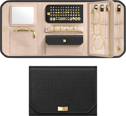 Travel Jewelry Case, Jewelry Organizer Box with Mirror, Jewelry Pouch, Woven Embossed PU Leather, Portable Jewelry Storage, Gift Idea, Cloud White UJBC197W01
