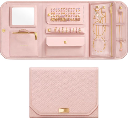 Travel Jewelry Case, Jewelry Organizer Box with Mirror, Jewelry Pouch, Woven Embossed PU Leather, Portable Jewelry Storage, Gift Idea, Cloud White UJBC197W01