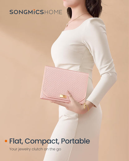 Travel Jewelry Case, Jewelry Organizer Box with Mirror, Jewelry Pouch, Woven Embossed PU Leather, Portable Jewelry Storage, Gift Idea, Cloud White UJBC197W01