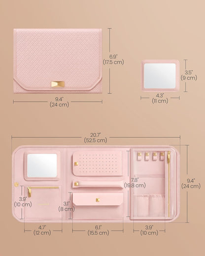 Travel Jewelry Case, Jewelry Organizer Box with Mirror, Jewelry Pouch, Woven Embossed PU Leather, Portable Jewelry Storage, Gift Idea, Cloud White UJBC197W01