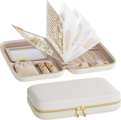 Travel Jewelry Case, Jewelry Organizer Box with Mirror, Jewelry Pouch, Woven Embossed PU Leather, Portable Jewelry Storage, Gift Idea, Cloud White UJBC197W01