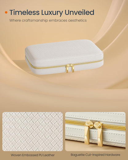 Travel Jewelry Case, Jewelry Organizer Box with Mirror, Jewelry Pouch, Woven Embossed PU Leather, Portable Jewelry Storage, Gift Idea, Cloud White UJBC197W01