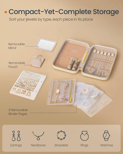 Travel Jewelry Case, Jewelry Organizer Box with Mirror, Jewelry Pouch, Woven Embossed PU Leather, Portable Jewelry Storage, Gift Idea, Cloud White UJBC197W01