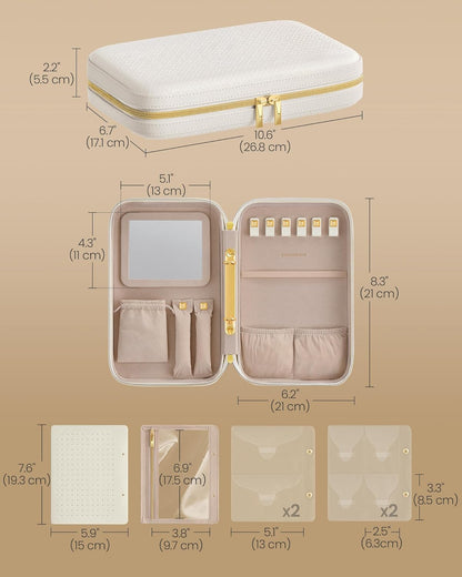 Travel Jewelry Case, Jewelry Organizer Box with Mirror, Jewelry Pouch, Woven Embossed PU Leather, Portable Jewelry Storage, Gift Idea, Cloud White UJBC197W01