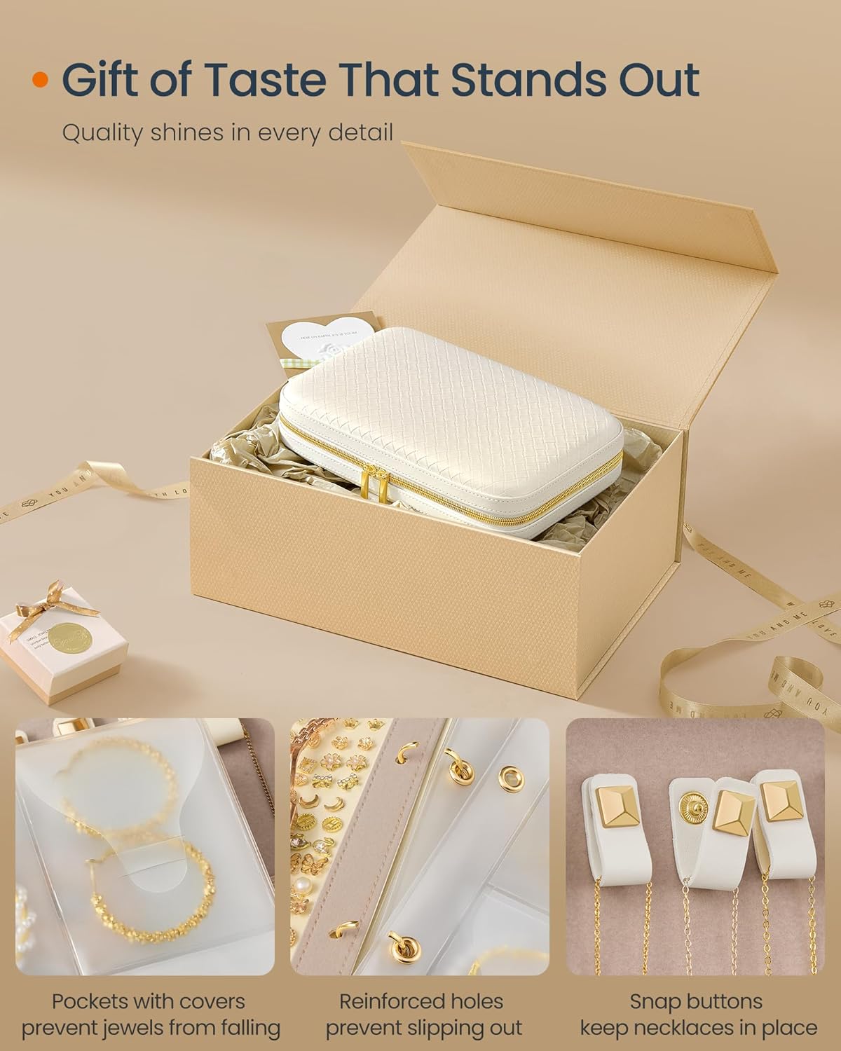 Travel Jewelry Case, Jewelry Organizer Box with Mirror, Jewelry Pouch, Woven Embossed PU Leather, Portable Jewelry Storage, Gift Idea, Cloud White UJBC197W01