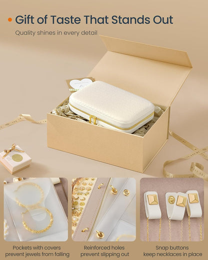 Travel Jewelry Case, Jewelry Organizer Box with Mirror, Jewelry Pouch, Woven Embossed PU Leather, Portable Jewelry Storage, Gift Idea, Cloud White UJBC197W01