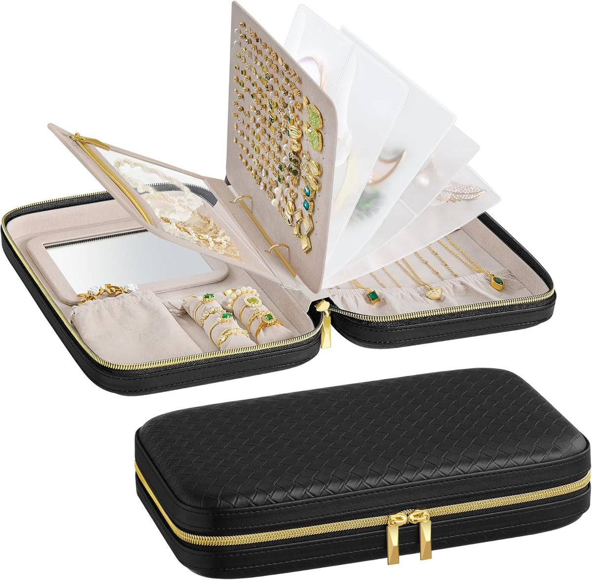 Travel Jewelry Case, Jewelry Organizer Box with Mirror, Jewelry Pouch, Woven Embossed PU Leather, Portable Jewelry Storage, Gift Idea, Cloud White UJBC197W01