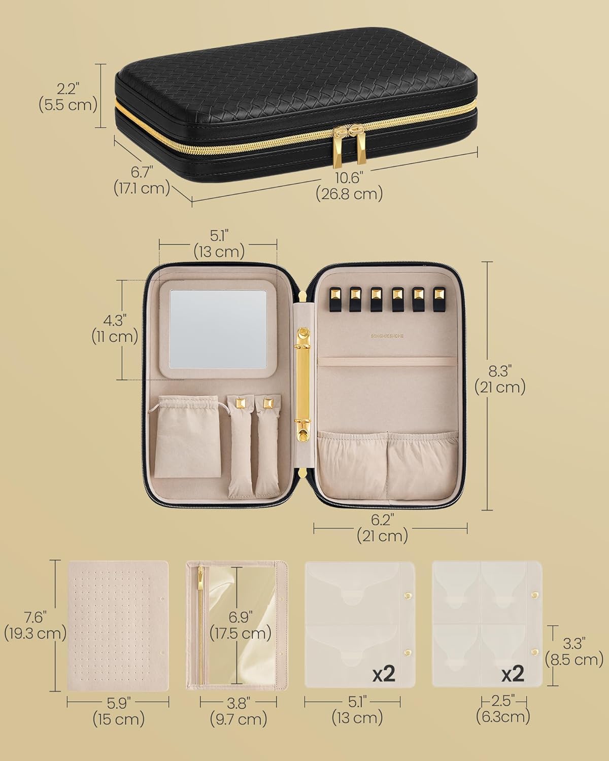 Travel Jewelry Case, Jewelry Organizer Box with Mirror, Jewelry Pouch, Woven Embossed PU Leather, Portable Jewelry Storage, Gift Idea, Cloud White UJBC197W01