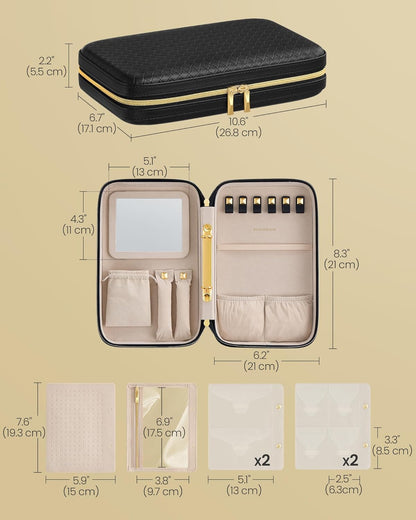 Travel Jewelry Case, Jewelry Organizer Box with Mirror, Jewelry Pouch, Woven Embossed PU Leather, Portable Jewelry Storage, Gift Idea, Cloud White UJBC197W01