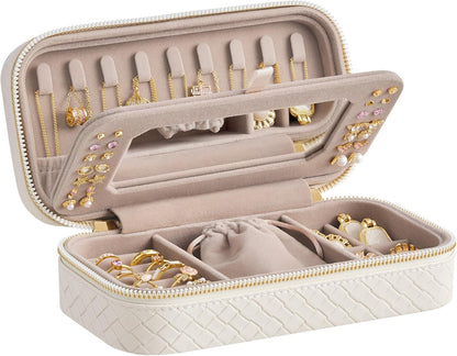 Travel Jewelry Case, Jewelry Organizer Box with Mirror, Jewelry Pouch, Woven Embossed PU Leather, Portable Jewelry Storage, Gift Idea, Cloud White UJBC197W01