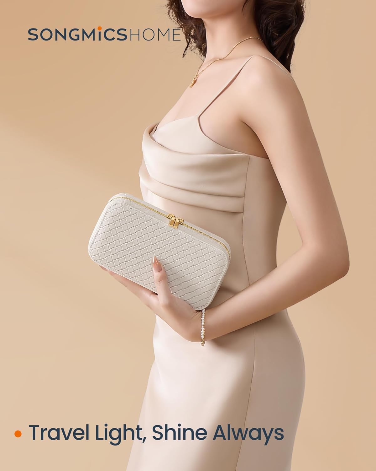 Travel Jewelry Case, Jewelry Organizer Box with Mirror, Jewelry Pouch, Woven Embossed PU Leather, Portable Jewelry Storage, Gift Idea, Cloud White UJBC197W01