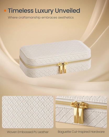 Travel Jewelry Case, Jewelry Organizer Box with Mirror, Jewelry Pouch, Woven Embossed PU Leather, Portable Jewelry Storage, Gift Idea, Cloud White UJBC197W01