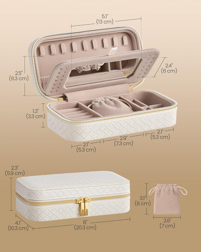 Travel Jewelry Case, Jewelry Organizer Box with Mirror, Jewelry Pouch, Woven Embossed PU Leather, Portable Jewelry Storage, Gift Idea, Cloud White UJBC197W01