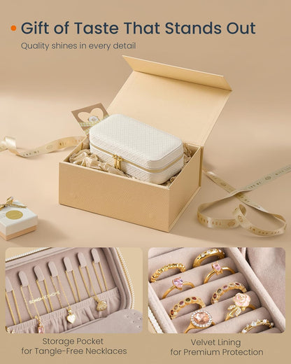 Travel Jewelry Case, Jewelry Organizer Box with Mirror, Jewelry Pouch, Woven Embossed PU Leather, Portable Jewelry Storage, Gift Idea, Cloud White UJBC197W01