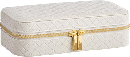 Travel Jewelry Case, Jewelry Organizer Box with Mirror, Jewelry Pouch, Woven Embossed PU Leather, Portable Jewelry Storage, Gift Idea, Cloud White UJBC197W01