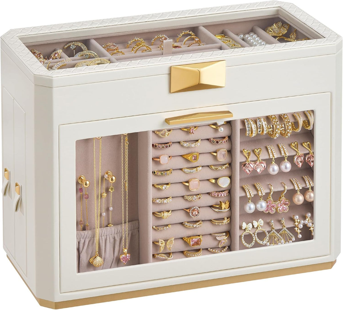 Travel Jewelry Case, Jewelry Organizer Box with Mirror, Jewelry Pouch, Woven Embossed PU Leather, Portable Jewelry Storage, Gift Idea, Cloud White UJBC197W01