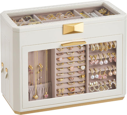 Travel Jewelry Case, Jewelry Organizer Box with Mirror, Jewelry Pouch, Woven Embossed PU Leather, Portable Jewelry Storage, Gift Idea, Cloud White UJBC197W01