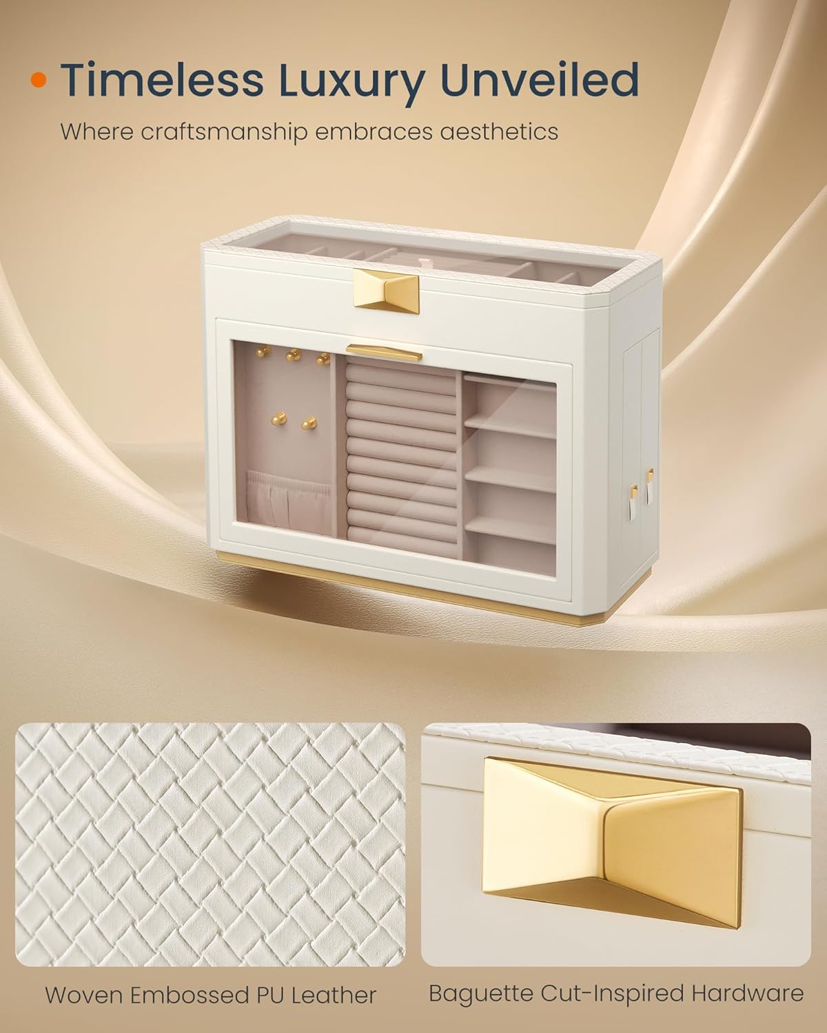Travel Jewelry Case, Jewelry Organizer Box with Mirror, Jewelry Pouch, Woven Embossed PU Leather, Portable Jewelry Storage, Gift Idea, Cloud White UJBC197W01