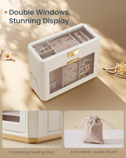 Travel Jewelry Case, Jewelry Organizer Box with Mirror, Jewelry Pouch, Woven Embossed PU Leather, Portable Jewelry Storage, Gift Idea, Cloud White UJBC197W01