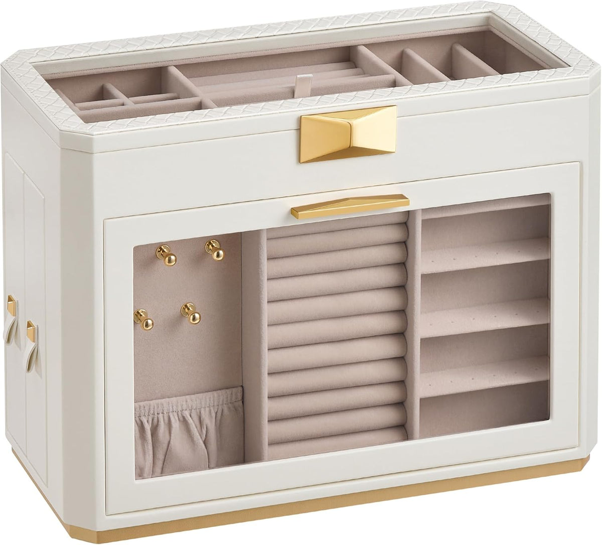Travel Jewelry Case, Jewelry Organizer Box with Mirror, Jewelry Pouch, Woven Embossed PU Leather, Portable Jewelry Storage, Gift Idea, Cloud White UJBC197W01