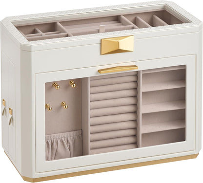 Travel Jewelry Case, Jewelry Organizer Box with Mirror, Jewelry Pouch, Woven Embossed PU Leather, Portable Jewelry Storage, Gift Idea, Cloud White UJBC197W01