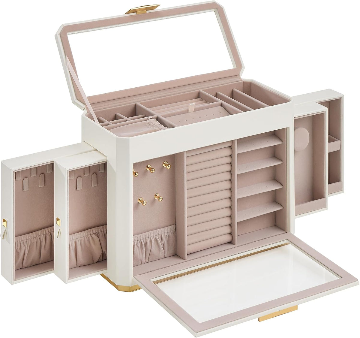 Travel Jewelry Case, Jewelry Organizer Box with Mirror, Jewelry Pouch, Woven Embossed PU Leather, Portable Jewelry Storage, Gift Idea, Cloud White UJBC197W01