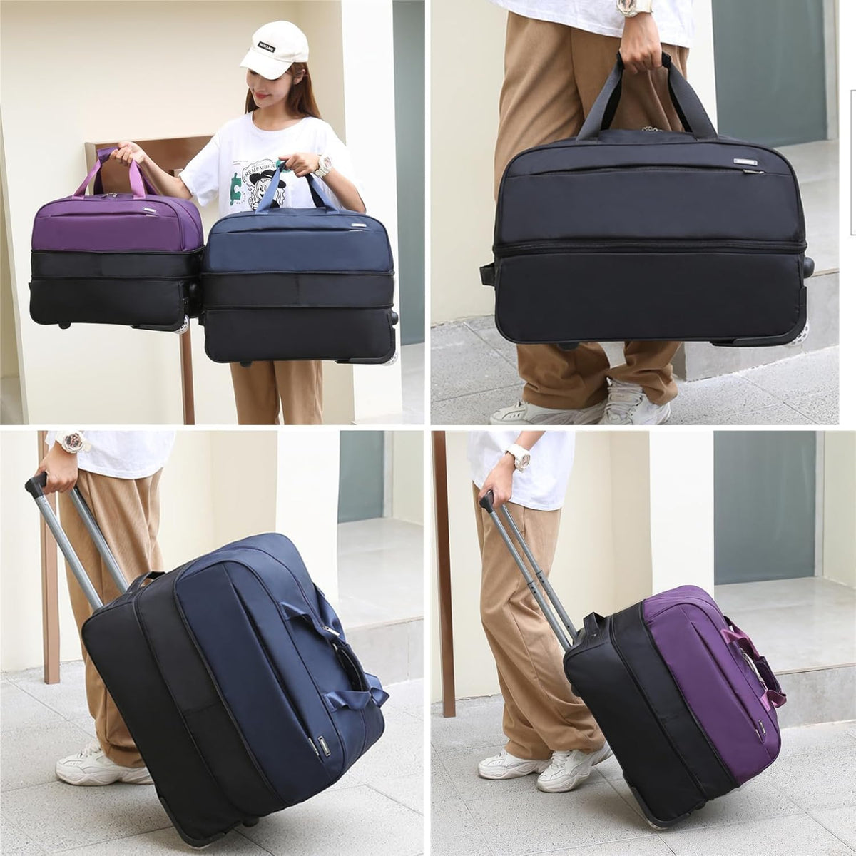 Expandable Rolling Duffel Bag with Wheels, Lightweight Roller Travel Tote for Women Men, Carry On Overnight Weekend Bag for Business Trip Travel